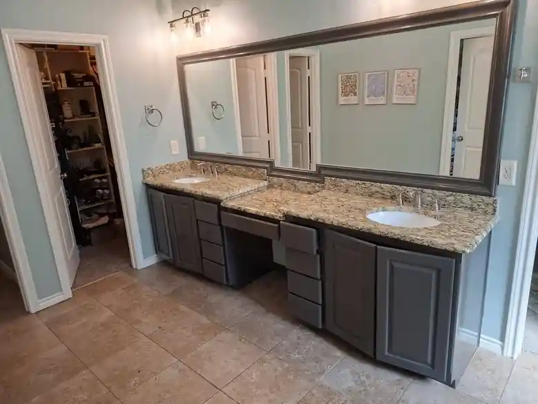 Wide shot of the finished double vanity
