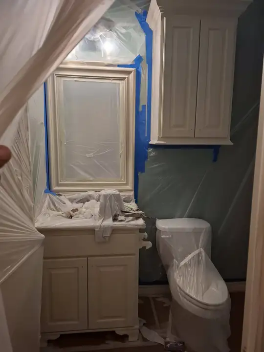 Blue tape, a sheeted vanity and a sage wall mid-job