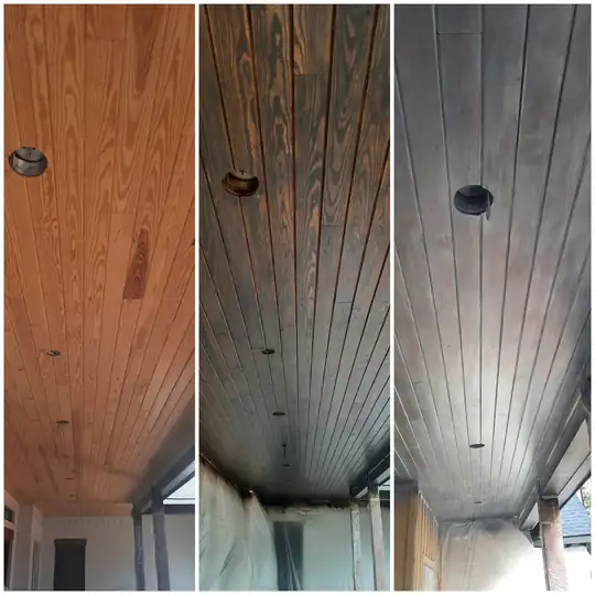 Three views of a tongue-and-groove porch ceiling going from raw wood to stained
