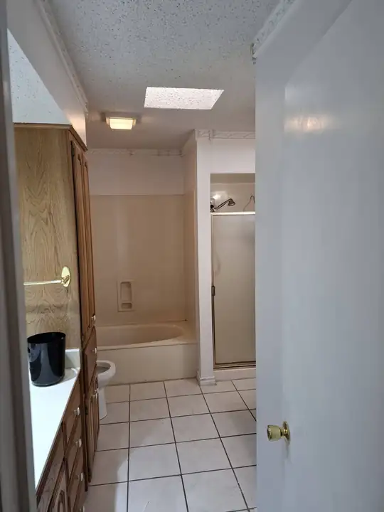 A bathroom before the remodel: oak cabinets, a white counter, a skylight over the tub and a pale tile floor
